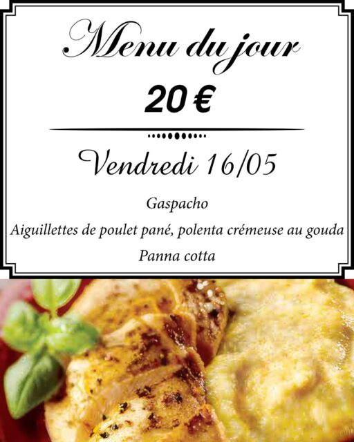 🍽️ Menu du jour - Vendredi 16 mai 🍽️

Pour seulement 20 €, venez déguster notre délicieux menu du jour ! 😋

🍴 Entrée : Gaspacho
🍲 Plat principal : Aiguillettes de poulet pané, polenta crémeuse au gouda
🍎 Dessert : Panna cotta

Appelez-nous pour réserver votre table !
Rejoignez-nous et profitez d'un repas savoureux dans une ambiance conviviale. 🍴✨

#menudujour #restaurant #nontron #perigord