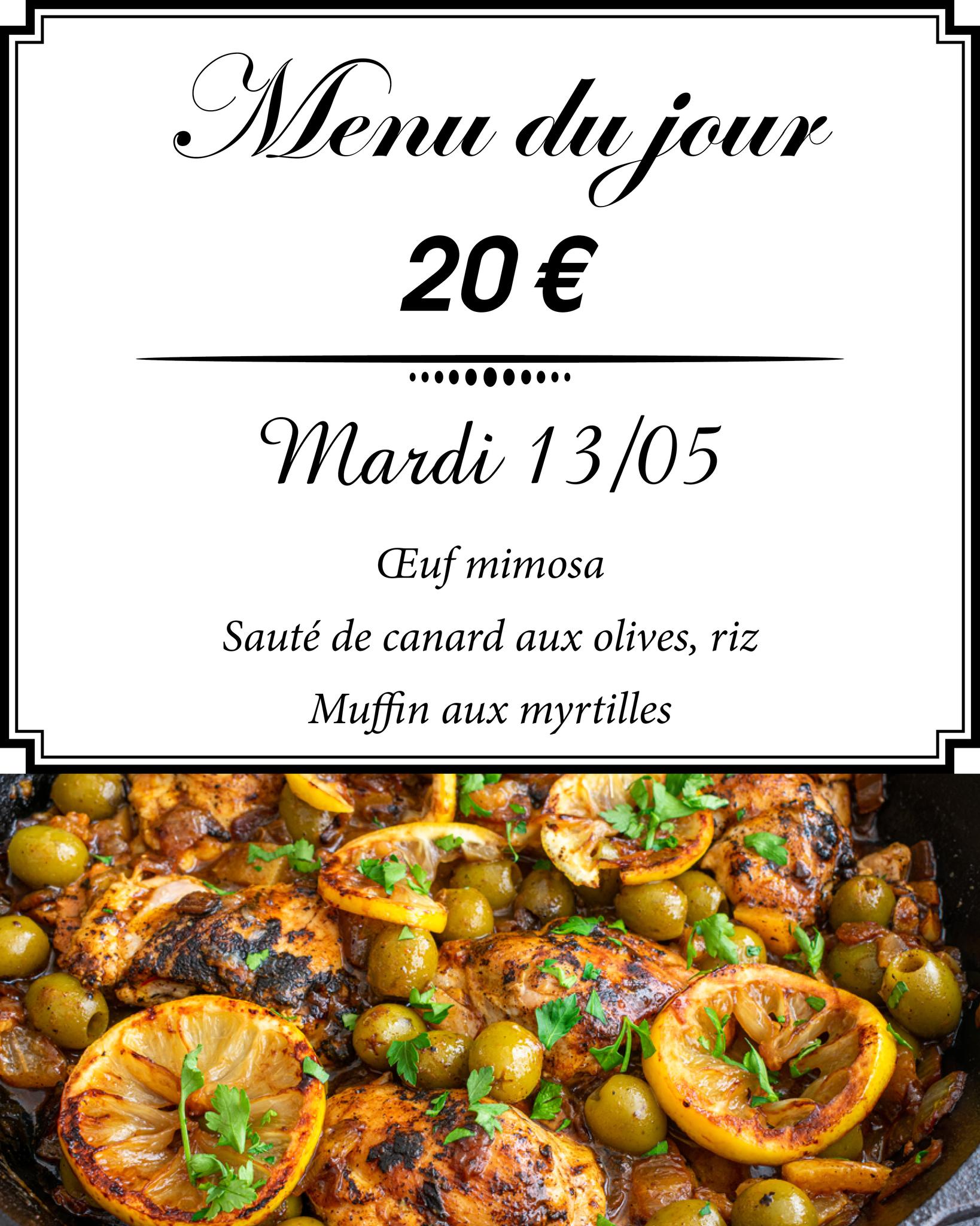 🍽️ Menu du jour - Mardi 13 mai 🍽️
Pour seulement 20 €, venez déguster notre délicieux menu du jour ! 😋
🍴 Entrée : Œuf mimosa
🍲 Plat principal : Sauté de canard aux olives, riz
🍎 Dessert : Muffin aux myrtilles
Appelez-nous pour réserver votre table !
Rejoignez-nous et profitez d'un repas savoureux dans une ambiance conviviale. 🍴✨
#menudujour #restaurant #nontron #perigord