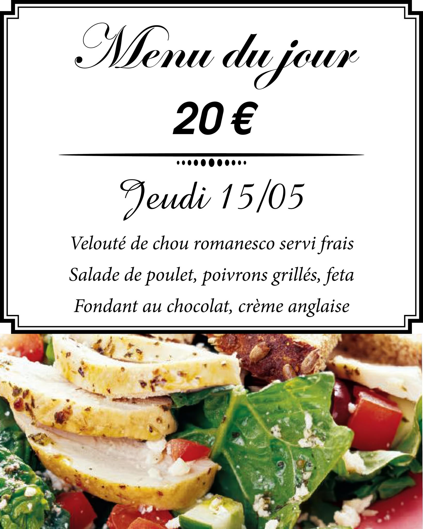 🍽️ Menu du jour - Jeudi 15 mai 🍽️
Pour seulement 20 €, venez déguster notre délicieux menu du jour ! 😋
🍴 Entrée : Velouté de chou romanesco servi frais
🍲 Plat principal : Salade de poulet, poivrons grillés, feta
🍎 Dessert : Fondant au chocolat, crème anglaise
Appelez-nous pour réserver votre table !
Rejoignez-nous et profitez d'un repas savoureux dans une ambiance conviviale. 🍴✨
#menudujour #restaurant #nontron #perigord