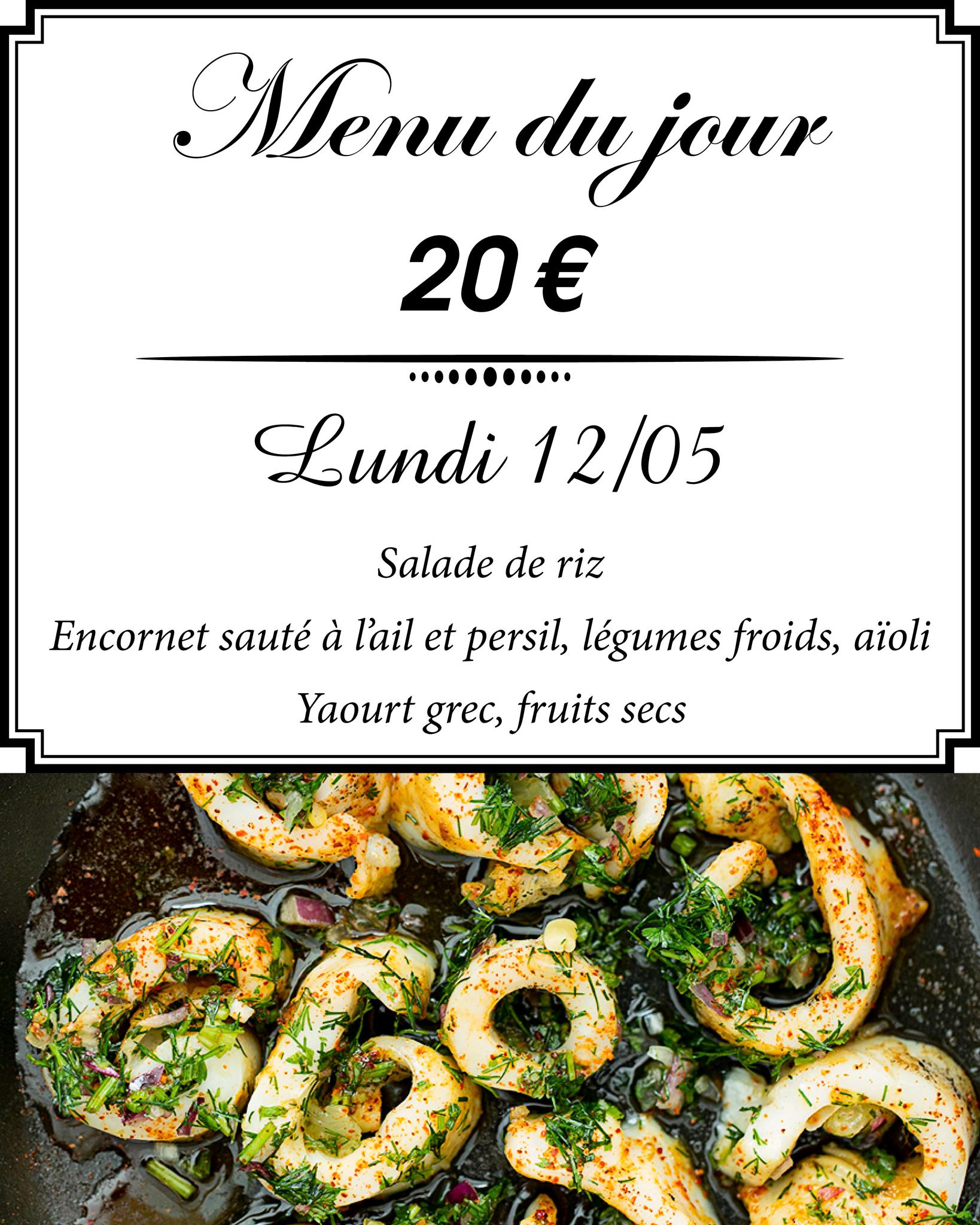 🍽️ Menu du jour - Lundi 12 mai 🍽️
Pour seulement 20 €, venez déguster notre délicieux menu du jour ! 😋
🍴 Entrée : Salade de riz
🍲 Plat principal : Encornet sauté à l’ail et persil, légumes froids, aïoli
🍎 Dessert : Yaourt grec, fruits secs
Appelez-nous pour réserver votre table !
Rejoignez-nous et profitez d'un repas savoureux dans une ambiance conviviale. 🍴✨
#menudujour #restaurant #nontron #perigord