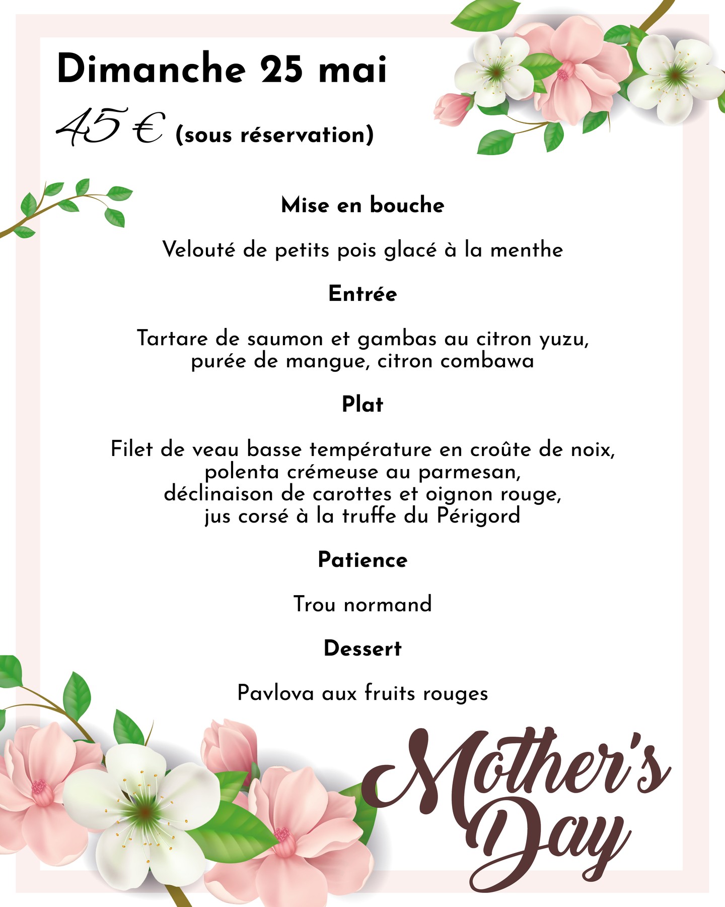 🌸 Célébrez la Fête des Mères au Grand Hôtel Pelisson ! 🌸
Offrez à votre maman un moment inoubliable avec un délicieux repas dans notre cadre élégant et chaleureux. 🍽️✨
📅 Dimanche 25 mai
📞 Réservations : 05 53 56 11 22 ou par mail à grand-hotel-pelisson@orange.fr
Nous sommes impatients de vous accueillir pour cette occasion spéciale ! 💐
#FêtedesMère #grandhôtelpelisson #restaurant #nontron
