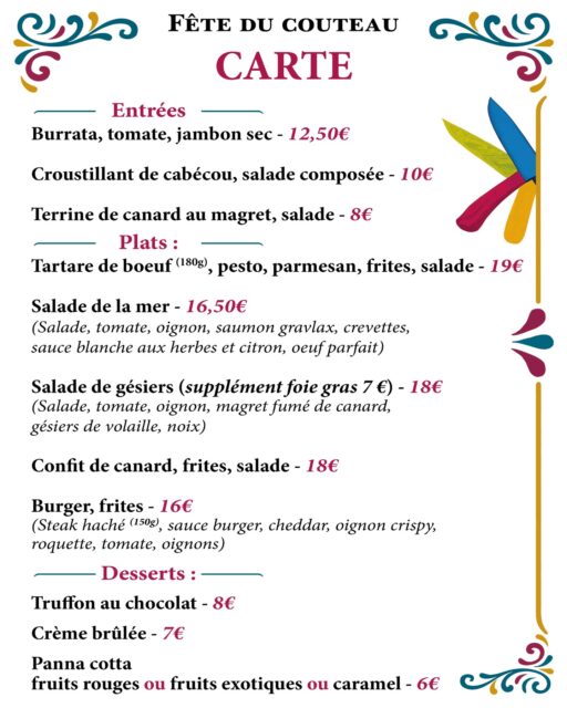 🔪✨ FÊTE DU COUTEAU À NONTRON – C’est aussi dans l’assiette ! 🍽️
Le Grand Hôtel Pélisson vous ouvre sa terrasse, côté piscine, pour une pause gourmande aux saveurs du terroir et de la mer 🌿🌊
Découvrez notre menu carte pour l’occasion :
👉 Entrées fraîches et généreuses (burrata, cabécou, terrine maison...)
👉 Plats savoureux : tartare de bœuf, confit de canard, salade de la mer, burger gourmand...
👉 Et pour finir en douceur : panna cotta, truffon au chocolat ou crème brûlée 🍮🍓🍫
📍 3 Place Alfred Agard, 24300 Nontron 
📍 Grand-Hotel-Pelisson
📞 05 53 56 11 22
🌐 www.hotel-pelisson-nontron.com
#feteducouteau #nontron #restaurant #hotelnontron #perigord