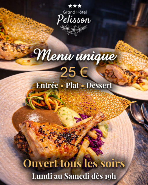 Menu unique à 25€
Entrée • Plat • Dessert

Une cuisine généreuse, des produits travaillés avec soin, et le plaisir de se retrouver autour d’une belle assiette.

Ouvert tous les soirs
Lundi au Samedi dès 19h

📍 Rendez-vous à Nontron, au restaurant du Grand Hôtel Pélisson.
Réservation conseillée.

#restaurant #nontron #perigord