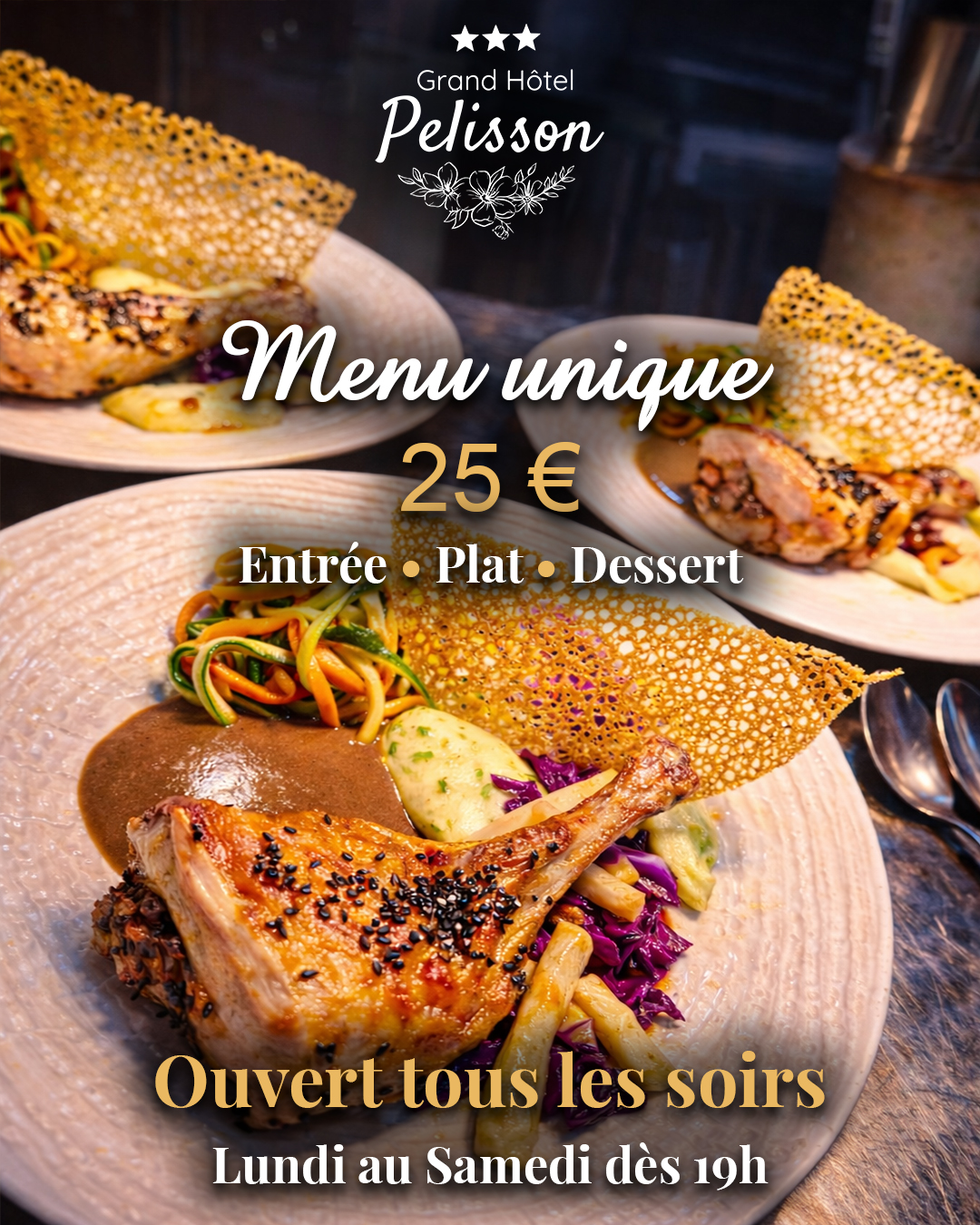 Menu unique à 25€
Entrée • Plat • Dessert
Une cuisine généreuse, des produits travaillés avec soin, et le plaisir de se retrouver autour d’une belle assiette.
Ouvert tous les soirs
Lundi au Samedi dès 19h
📍 Rendez-vous à Nontron, au restaurant du Grand Hôtel Pélisson.
Réservation conseillée.
#restaurant #nontron #perigord